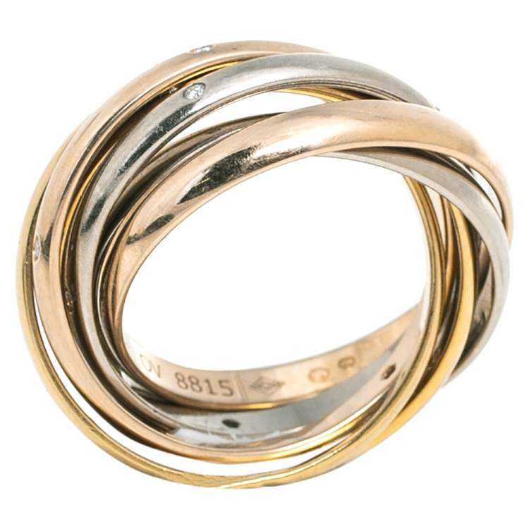 Pre Owned Cartier Trinity Diamond 6 Loop 18K Three Tone Gold Rolling Ring Size 54