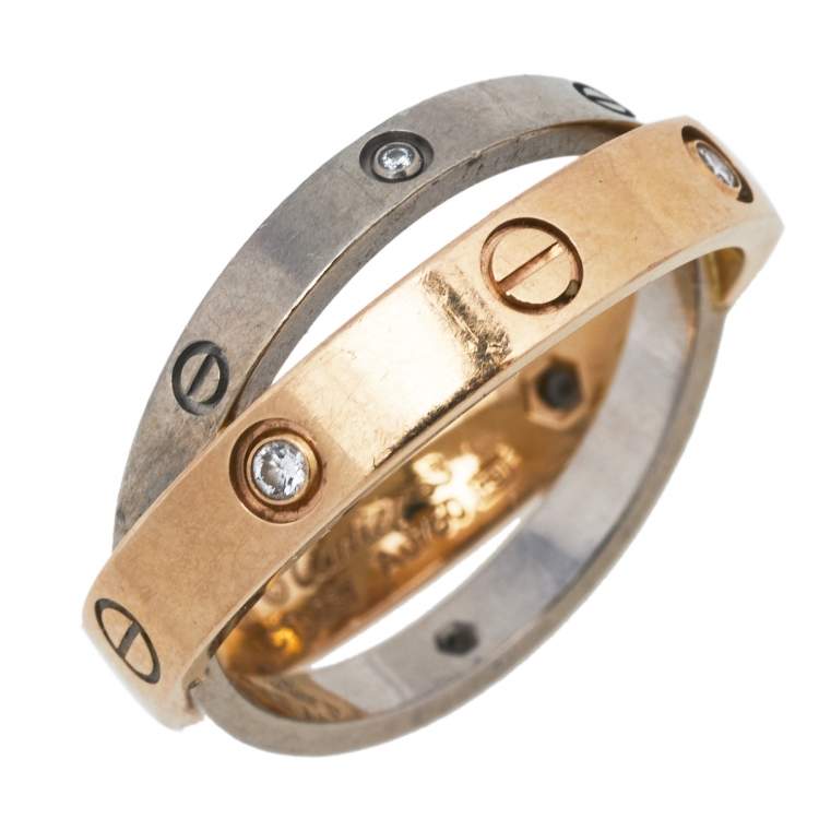 Pre Owned   Cartier Love 6 Diamonds Two Tone 18k Gold Ring Size 53