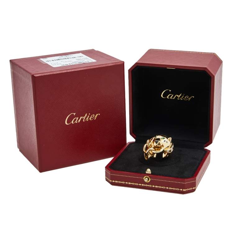 Pre Owned Cartier Panthere Tsavorite Garnet Onyx Diamond Lacquer 18k Yellow Gold Ring Size 59