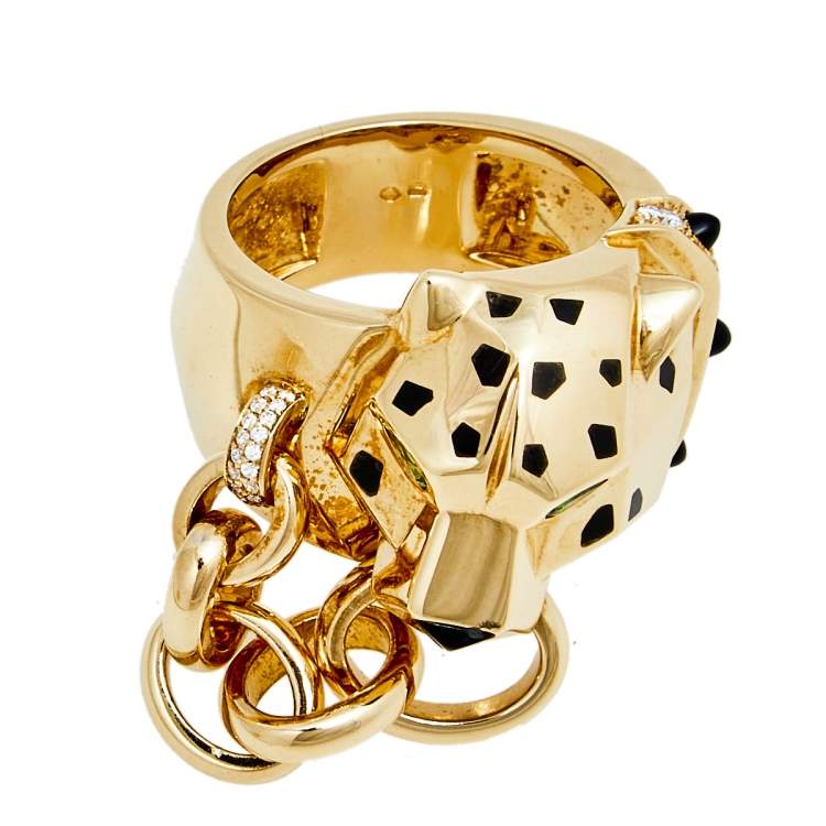 Pre Owned Cartier Panthere Tsavorite Garnet Onyx Diamond Lacquer 18k Yellow Gold Ring Size 59