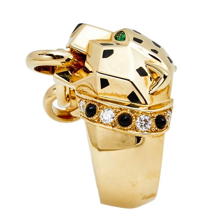 Pre Owned Cartier Panthere Tsavorite Garnet Onyx Diamond Lacquer 18k Yellow Gold Ring Size 59