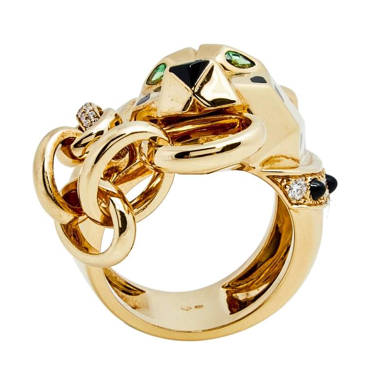 Pre Owned Cartier Panthere Tsavorite Garnet Onyx Diamond Lacquer 18k Yellow Gold Ring Size 59