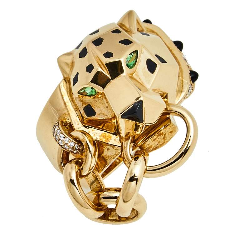Pre Owned Cartier Panthere Tsavorite Garnet Onyx Diamond Lacquer 18k Yellow Gold Ring Size 59