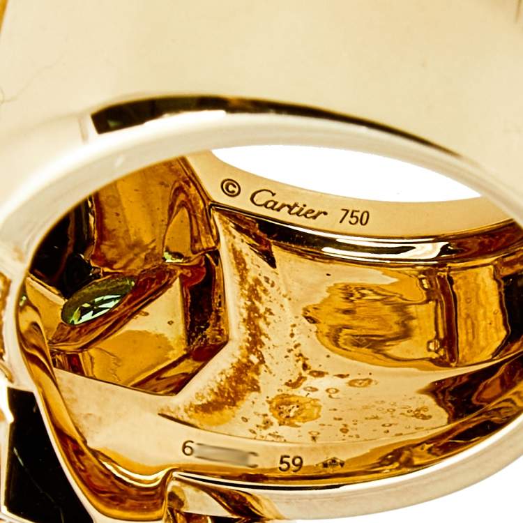 Pre Owned Cartier Panthere Tsavorite Garnet Onyx Diamond Lacquer 18k Yellow Gold Ring Size 59