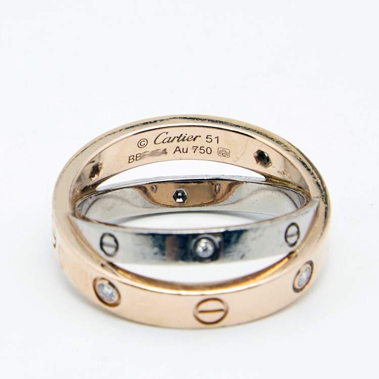 Pre Owned Cartier Love Diamond 18k Two Tone Double Band Ring Size 51