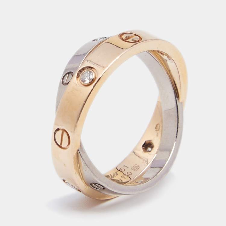 Pre Owned Cartier Love Diamond 18k Two Tone Double Band Ring Size 51