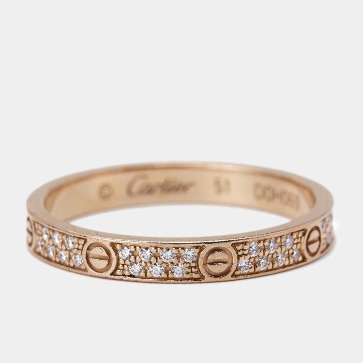 Pre Owned Cartier Love Diamonds 18k Rose Gold Small Model Band Ring Size 51