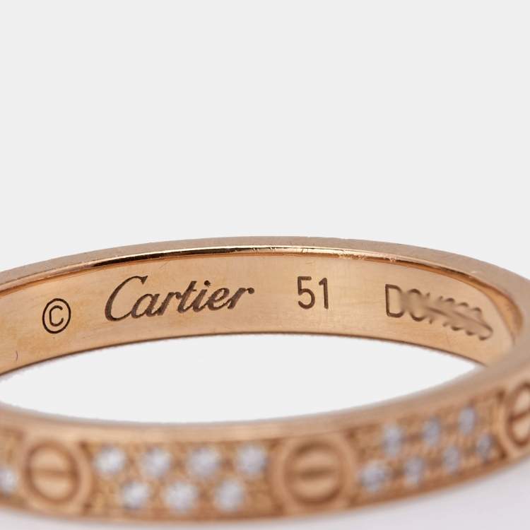 Pre Owned Cartier Love Diamonds 18k Rose Gold Small Model Band Ring Size 51