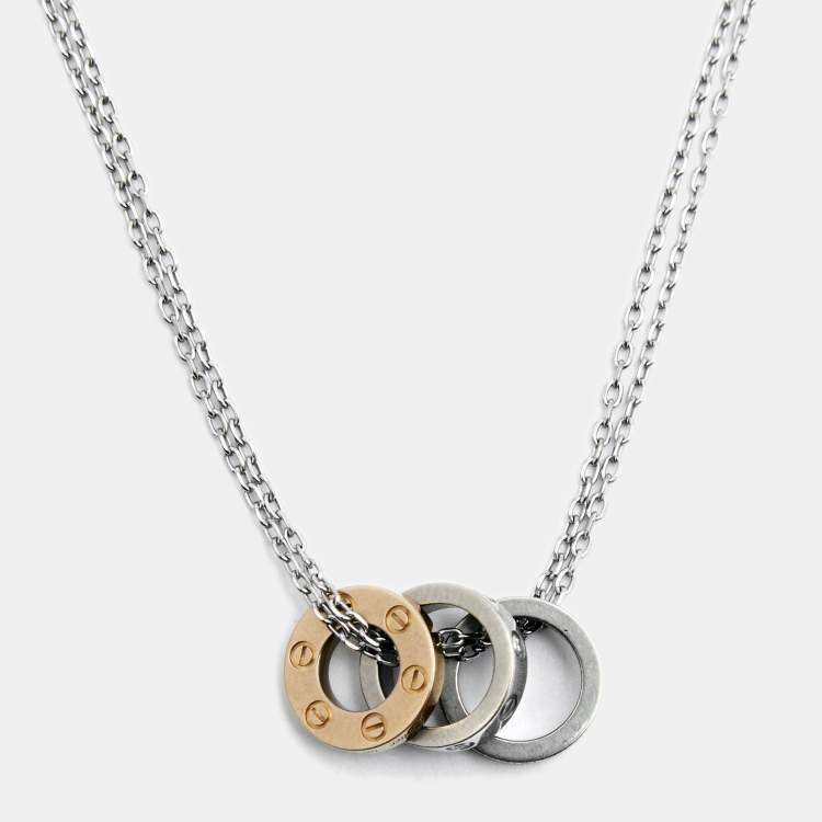 Pre Owned Cartier Love Diamonds 18k Two Tone Gold 3 Loop Double Chain Necklace