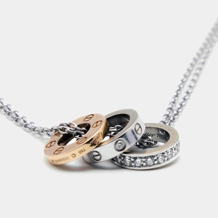 Pre Owned Cartier Love Diamonds 18k Two Tone Gold 3 Loop Double Chain Necklace