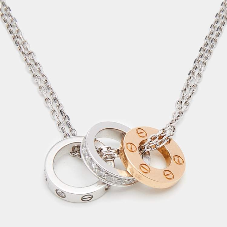 Pre Owned Cartier Love Diamonds 18k Two Tone Gold 3 Loop Double Chain Necklace