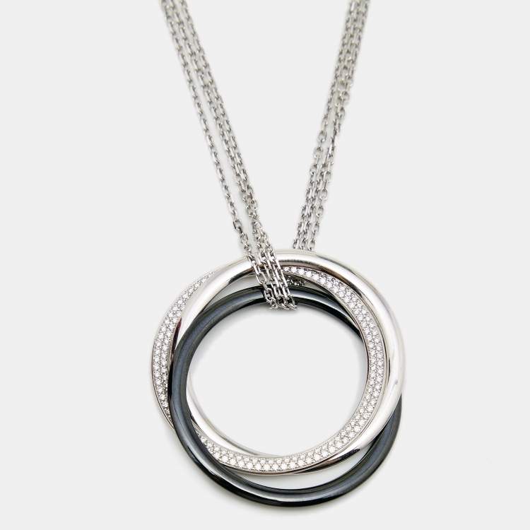 Pre Owned Cartier Trinity Diamonds Black Ceramic 18k White Gold Pendant Necklace
