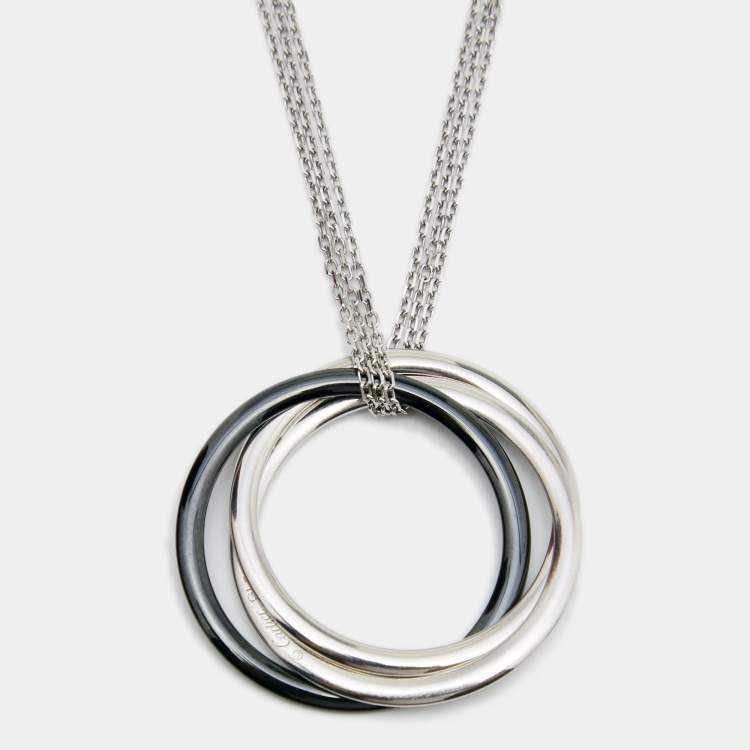 Pre Owned Cartier Trinity Diamonds Black Ceramic 18k White Gold Pendant Necklace