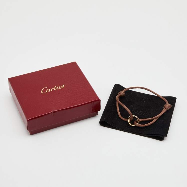 Pre Owned Cartier Trinity 18k Three Tone Gold Adjustable Brown Cord Bracelet