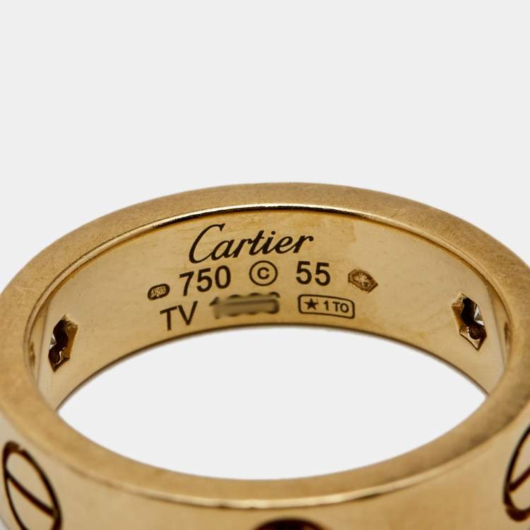 Pre Owned Cartier Love 3 Diamonds 18k Yellow Gold Band Ring Size 55