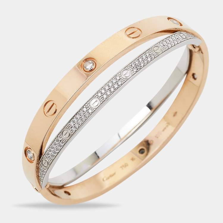 Pre Owned Cartier Love Paved Diamond 18k Two Tone Gold Bangle Bracelet 16