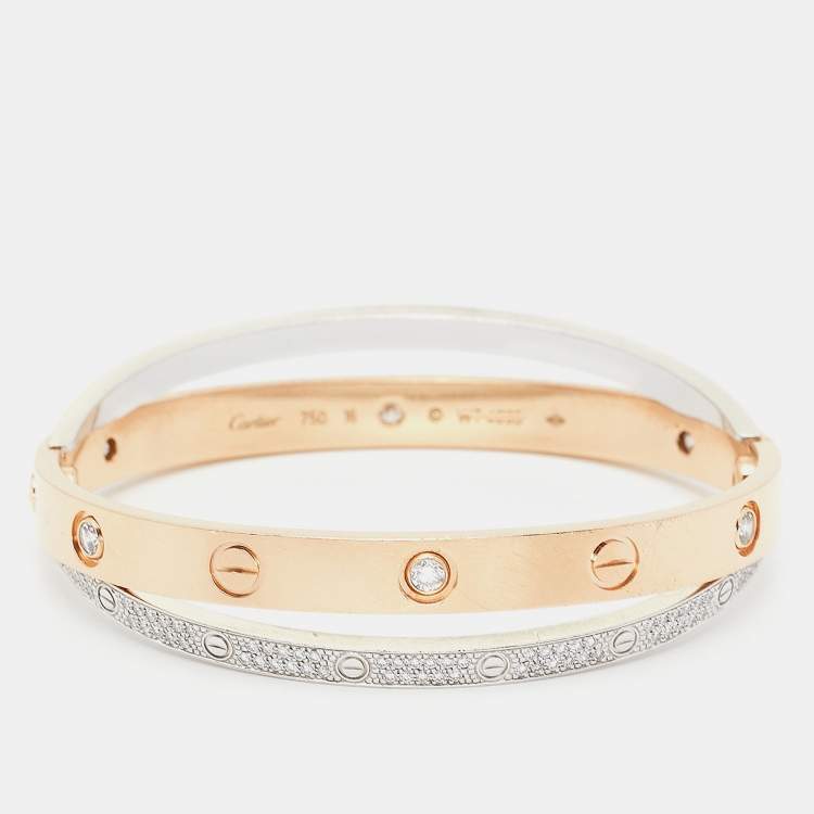 Pre Owned Cartier Love Paved Diamond 18k Two Tone Gold Bangle Bracelet 16