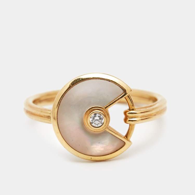 Pre Owned  Cartier Amulette De Cartier Mother of Pearl Diamond 18k Yellow Gold Ring Size 54