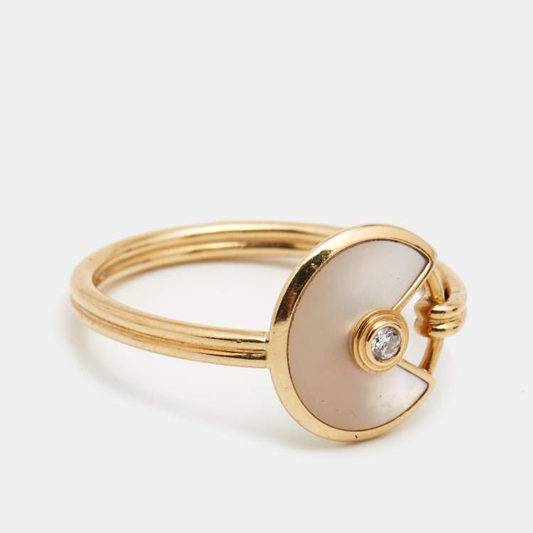 Pre Owned  Cartier Amulette De Cartier Mother of Pearl Diamond 18k Yellow Gold Ring Size 54