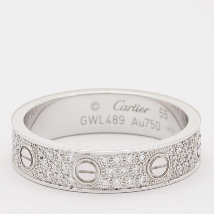 Pre Owned Cartier Love Diamond Pavéd 18k White Gold Band Ring Size 55