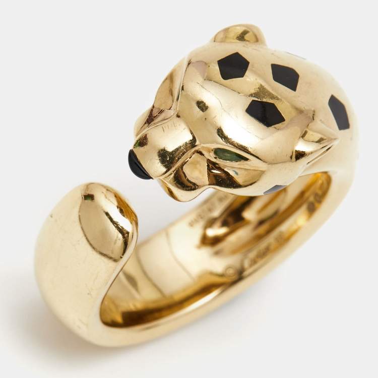 Pre Owned Cartier Panthere de Cartier Tsavorite Garnet Onyx Lacquer 18k Yellow Gold Ring Size 55