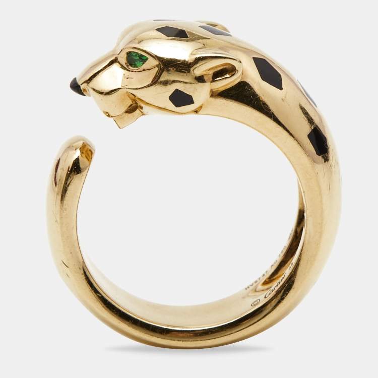 Pre Owned Cartier Panthere de Cartier Tsavorite Garnet Onyx Lacquer 18k Yellow Gold Ring Size 55