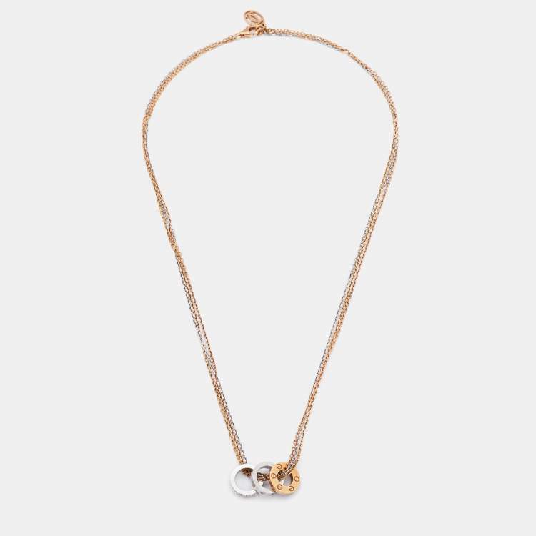 Pre Owned Cartier Love 3 Hoops Diamonds 18k Three Tone Gold Chain Necklace