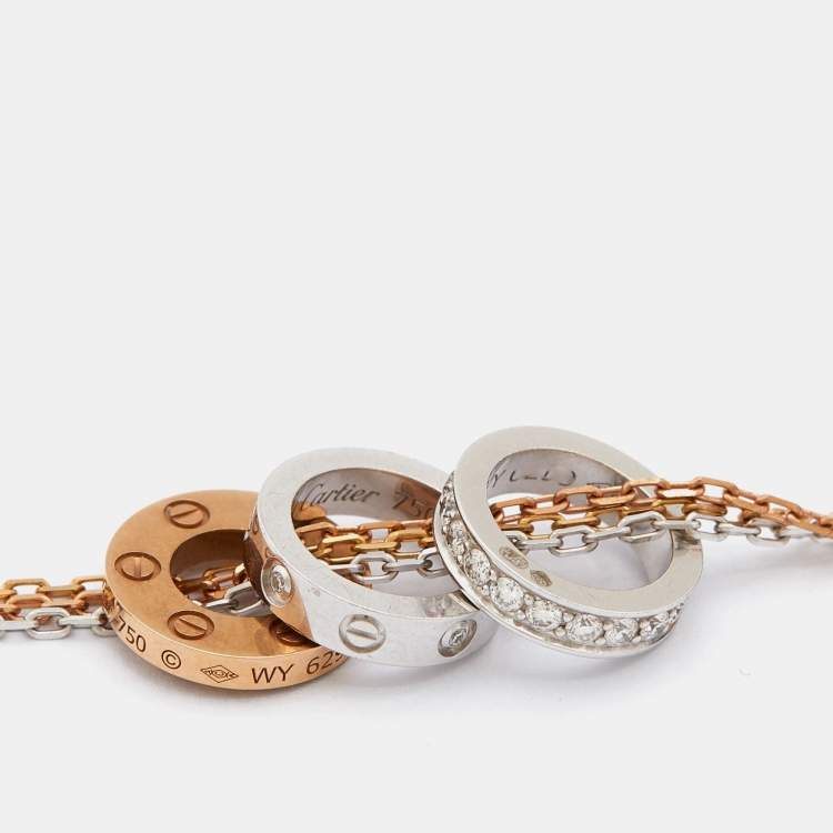 Pre Owned Cartier Love 3 Hoops Diamonds 18k Three Tone Gold Chain Necklace