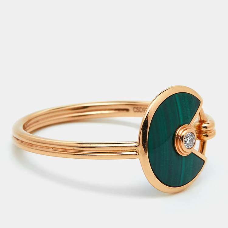 Pre Owned Cartier Amulette De Cartier Malachite Diamond 18K Rose Gold XS Model Ring Size 57