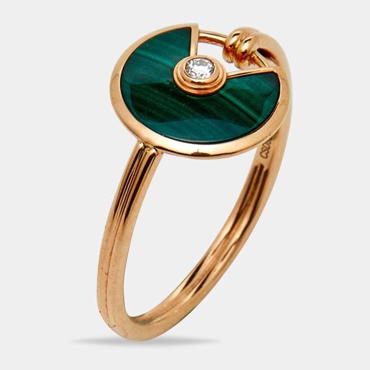 Pre Owned Cartier Amulette De Cartier Malachite Diamond 18K Rose Gold XS Model Ring Size 57