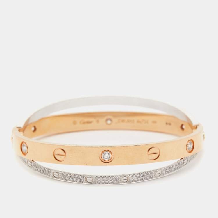 Pre Owned Cartier Love Paved Diamond 18k Two Tone Gold Bangle Bracelet 16