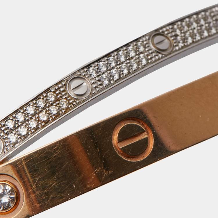 Pre Owned Cartier Love Paved Diamond 18k Two Tone Gold Bangle Bracelet 16