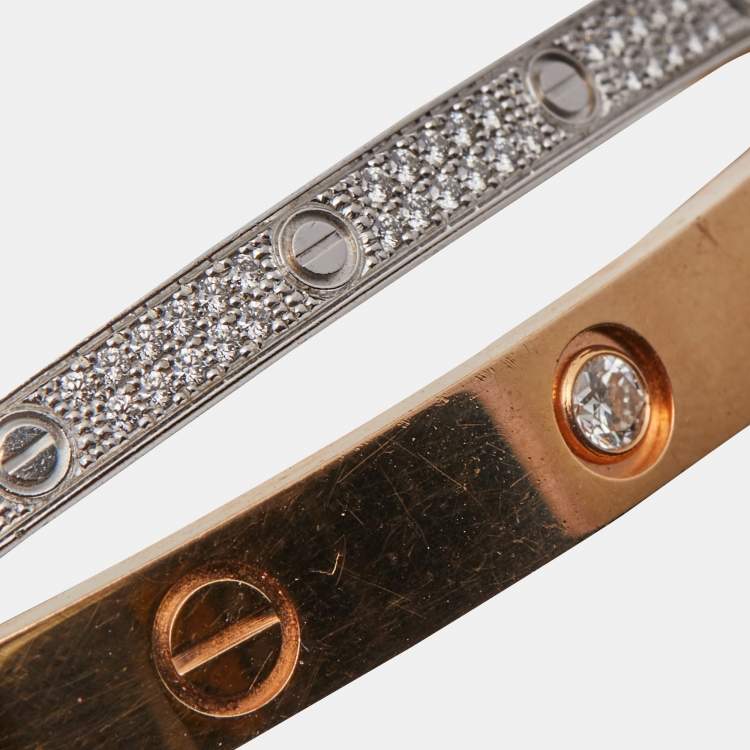 Pre Owned Cartier Love Paved Diamond 18k Two Tone Gold Bangle Bracelet 16