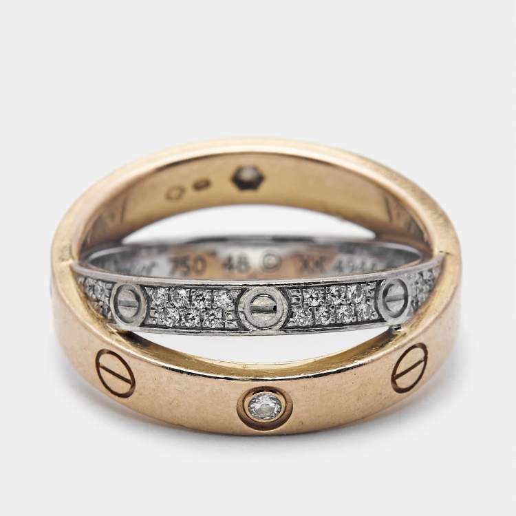 Pre Owned Cartier Love Pave Diamond Two Tone 18K Gold Double Band Ring Size 48
