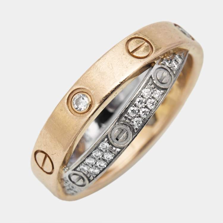 Pre Owned Cartier Love Pave Diamond Two Tone 18K Gold Double Band Ring Size 48