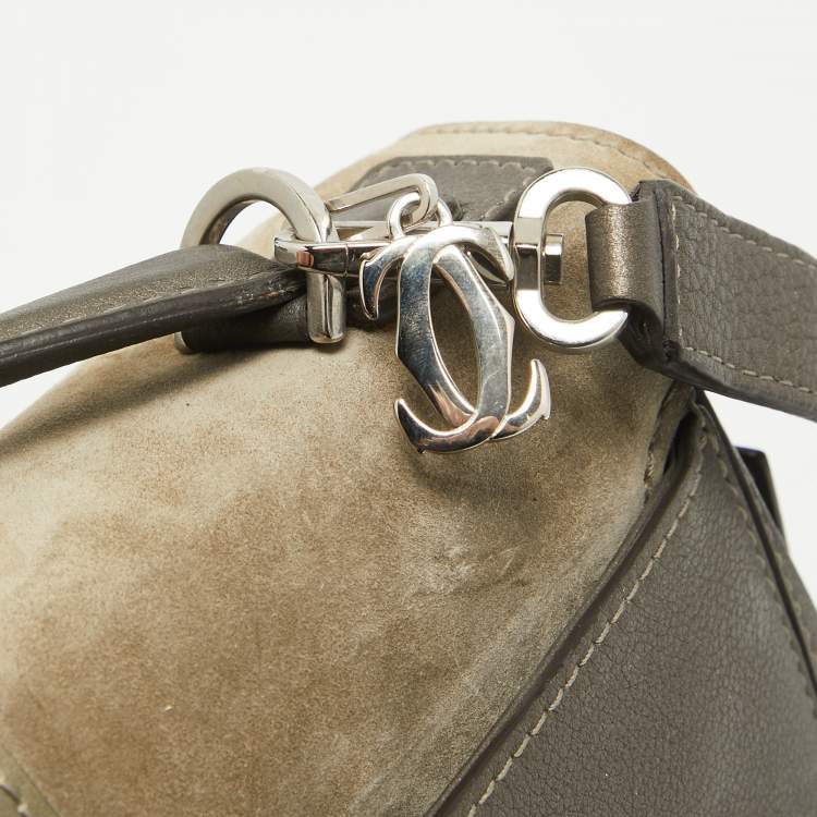 Pre Owned Cartier Grey/Khaki Patent, Leather and Suede Feminine Line Top Handle Bag 