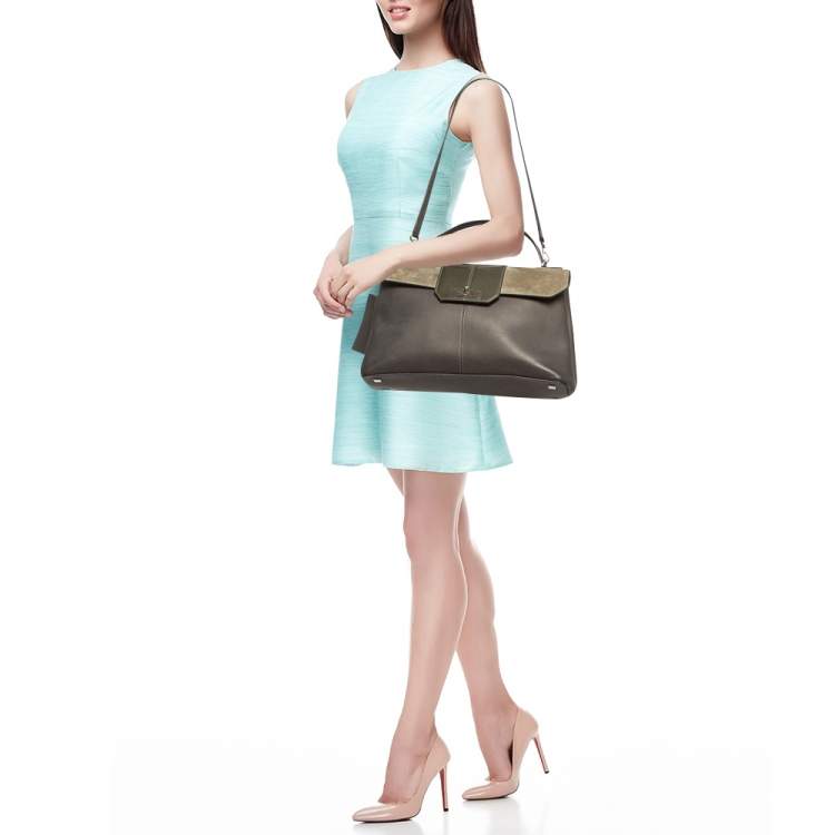 Pre Owned Cartier Grey/Khaki Patent, Leather and Suede Feminine Line Top Handle Bag 