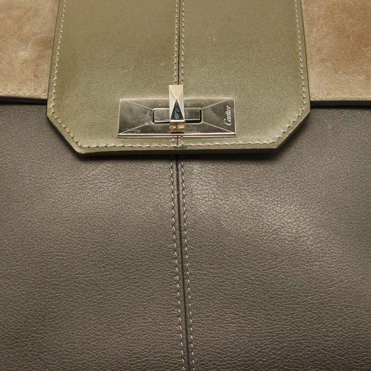 Pre Owned Cartier Grey/Khaki Patent, Leather and Suede Feminine Line Top Handle Bag 