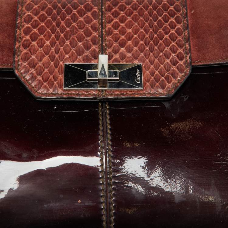 Pre Owned Cartier Dark Brown Patent Leather and Snakeskin Feminine Line Top Handle Bag
