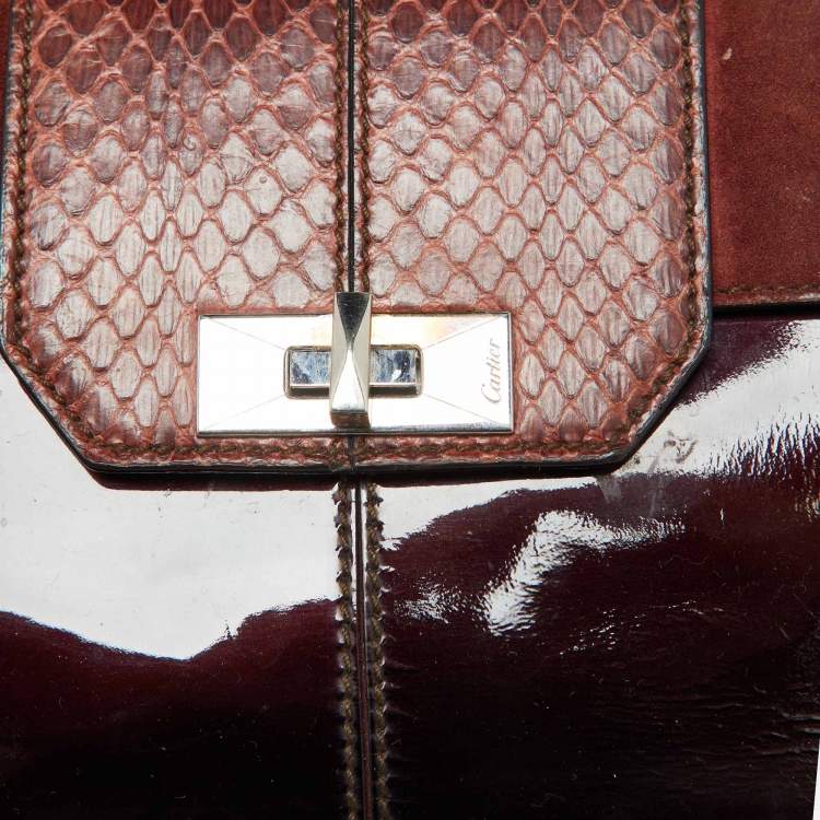 Pre Owned Cartier Dark Brown Patent Leather and Snakeskin Feminine Line Top Handle Bag