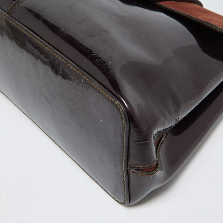 Pre Owned Cartier Dark Brown Patent Leather and Snakeskin Feminine Line Top Handle Bag