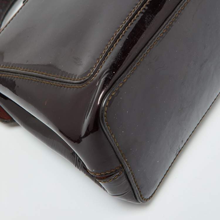 Pre Owned Cartier Dark Brown Patent Leather and Snakeskin Feminine Line Top Handle Bag