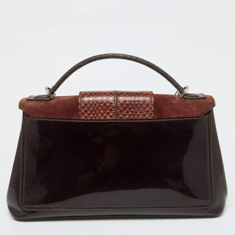 Pre Owned Cartier Dark Brown Patent Leather and Snakeskin Feminine Line Top Handle Bag
