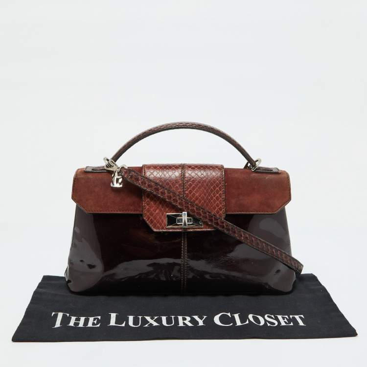 Pre Owned Cartier Dark Brown Patent Leather and Snakeskin Feminine Line Top Handle Bag