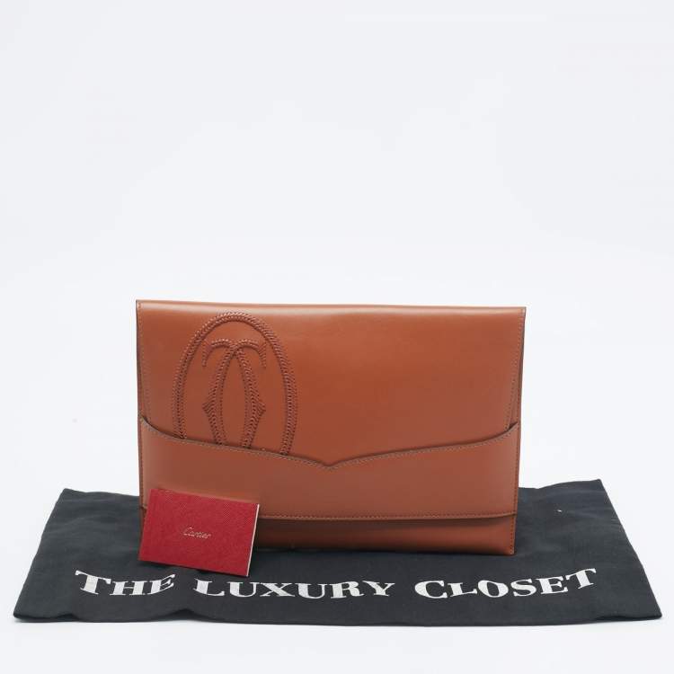 Pre Owned Cartier Brown Leather Logo Flap Clutch