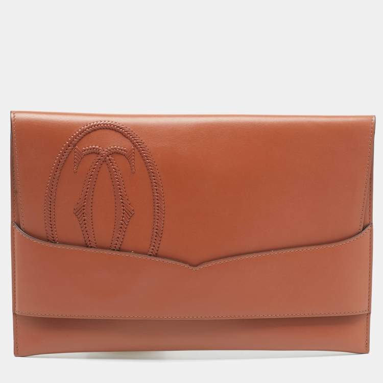 Pre Owned Cartier Brown Leather Logo Flap Clutch