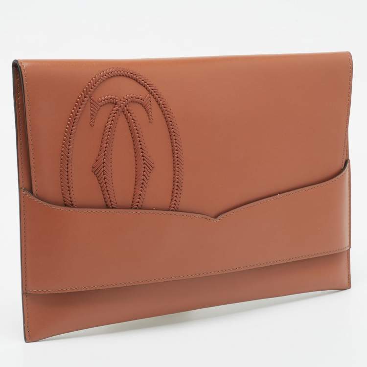 Pre Owned Cartier Brown Leather Logo Flap Clutch