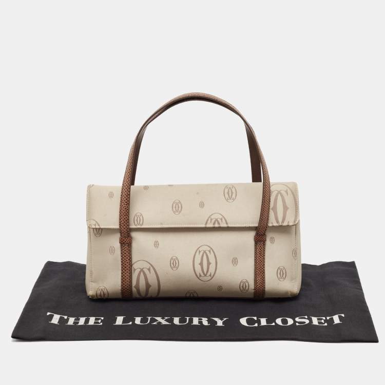 Pre Owned Cartier Brown/Grey Satin and Lizard Happy Birthday Cabochon Flap Bag