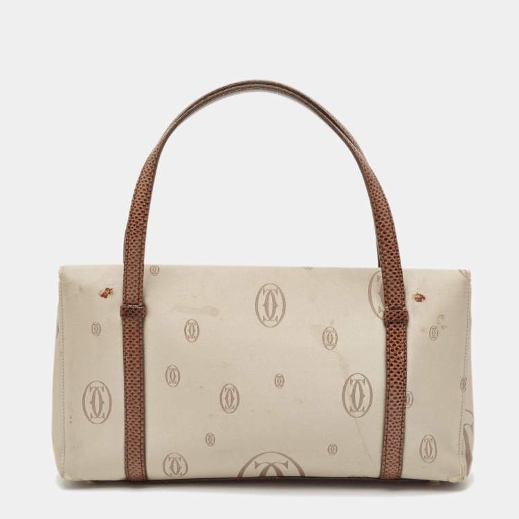 Pre Owned Cartier Brown/Grey Satin and Lizard Happy Birthday Cabochon Flap Bag