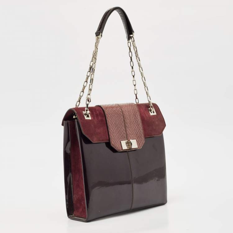 Pre Owned Cartier Burgundy Patent Leather/Suede and Snakeskin Classic Feminine Line Chain Bag